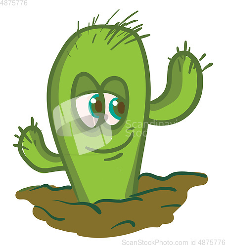 Image of A tall smiling cactus plant emoji growing in the desert vector c