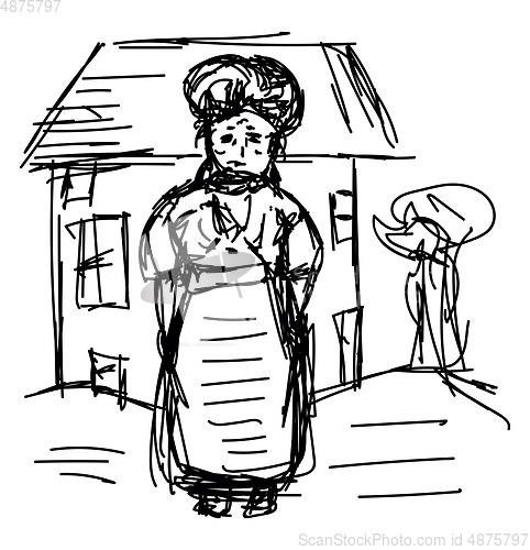 Image of Line art of an old woman standing in front of her village house 