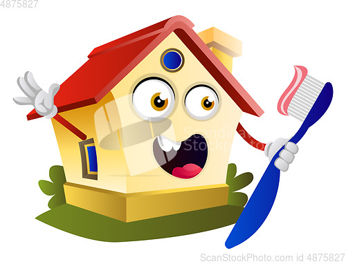 Image of House is holding toothbrush, illustration, vector on white backg