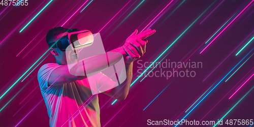 Image of Neon lighted, colored portrait with neon lines, flyer, proposal