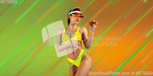 Image of Neon lighted, colored portrait with neon lines, flyer, proposal