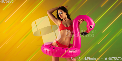 Image of Neon lighted, colored portrait with neon lines, flyer, proposal