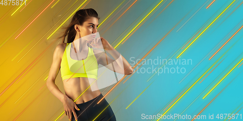 Image of Neon lighted, colored portrait with neon lines, flyer, proposal