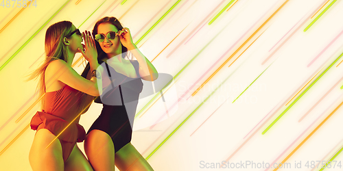 Image of Neon lighted, colored portrait with neon lines, flyer, proposal