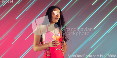 Image of Neon lighted, colored portrait with neon lines, flyer, proposal