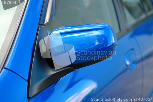 Image of Right side mirror of shiny blue car