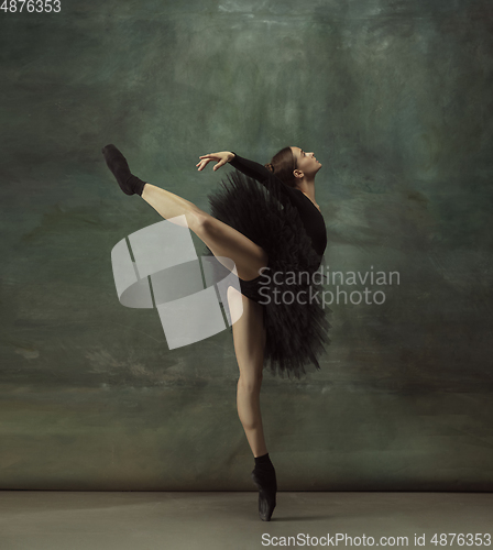 Image of Young graceful tender ballerina on dark studio background