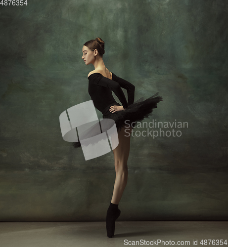 Image of Young graceful tender ballerina on dark studio background