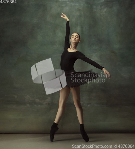 Image of Young graceful tender ballerina on dark studio background