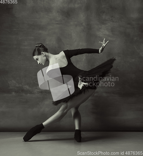 Image of Young graceful tender ballerina on dark studio background