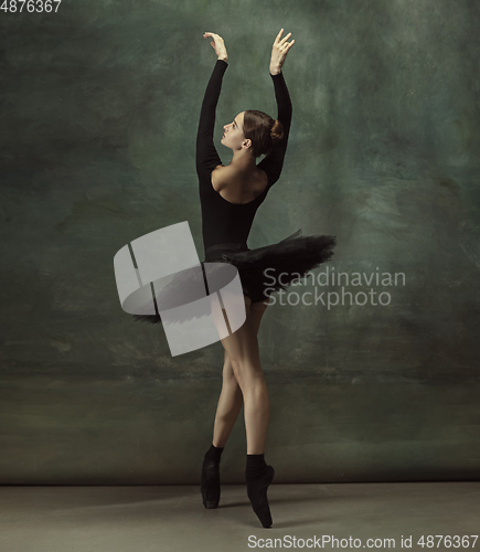 Image of Young graceful tender ballerina on dark studio background