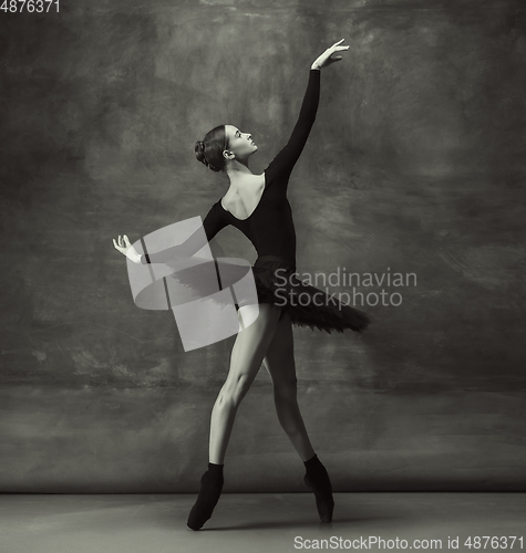 Image of Young graceful tender ballerina on dark studio background