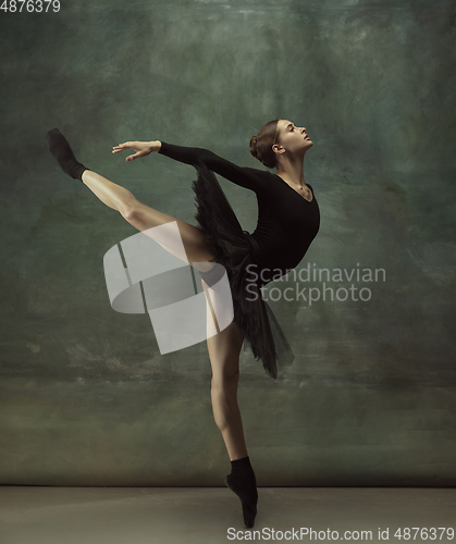 Image of Young graceful tender ballerina on dark studio background