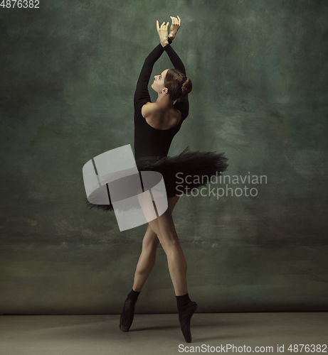 Image of Young graceful tender ballerina on dark studio background