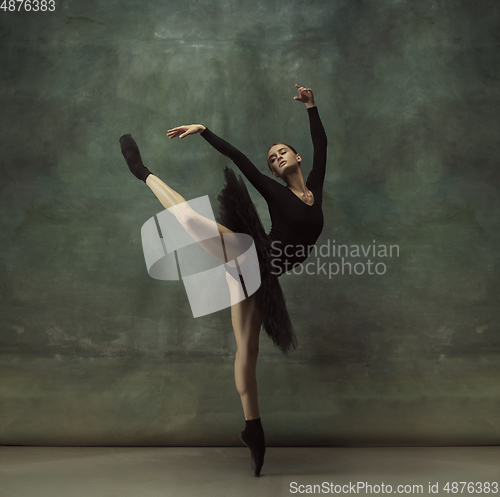 Image of Young graceful tender ballerina on dark studio background