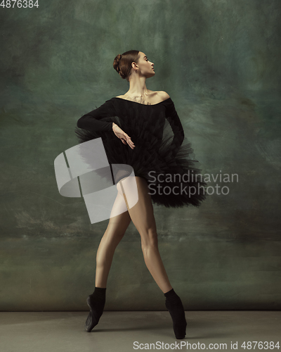 Image of Young graceful tender ballerina on dark studio background