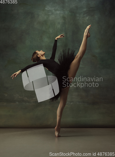 Image of Young graceful tender ballerina on dark studio background