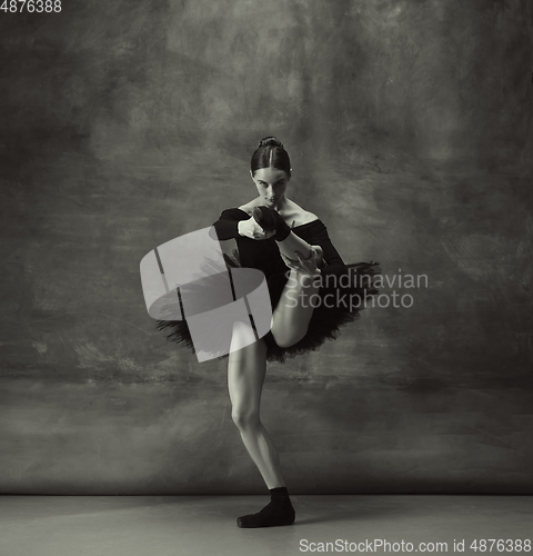 Image of Young graceful tender ballerina on dark studio background