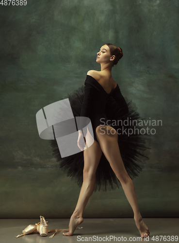 Image of Young graceful tender ballerina on dark studio background