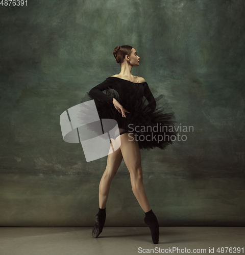 Image of Young graceful tender ballerina on dark studio background