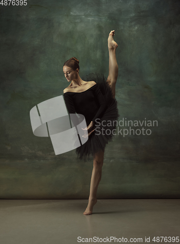 Image of Young graceful tender ballerina on dark studio background