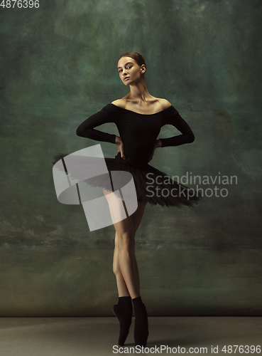 Image of Young graceful tender ballerina on dark studio background