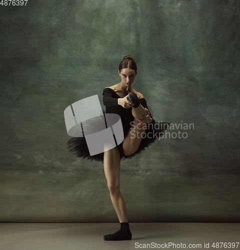 Image of Young graceful tender ballerina on dark studio background