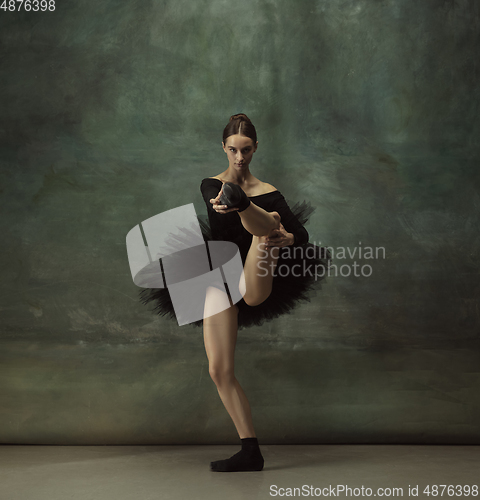 Image of Young graceful tender ballerina on dark studio background