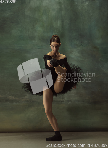 Image of Young graceful tender ballerina on dark studio background