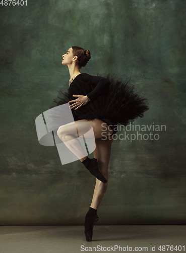 Image of Young graceful tender ballerina on dark studio background