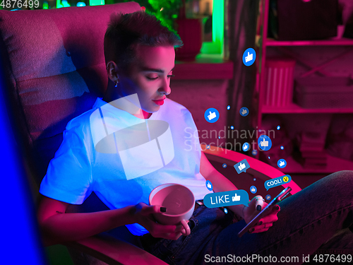 Image of Girl connecting and sharing social media. Modern UI icons, communication, devices