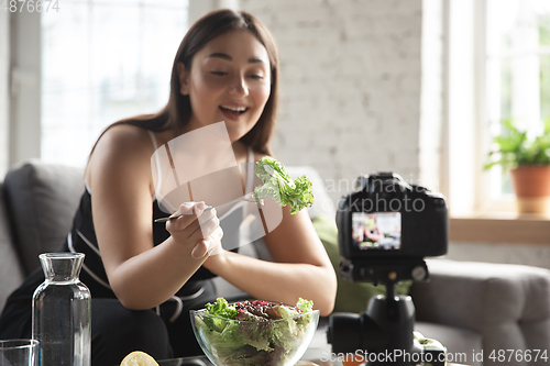 Image of Caucasian blogger woman make vlog how to diet and lost weight. Lifestyle, influencer women, healthy concept.