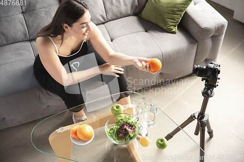 Image of Caucasian blogger woman make vlog how to diet and lost weight. Lifestyle, influencer women, healthy concept.