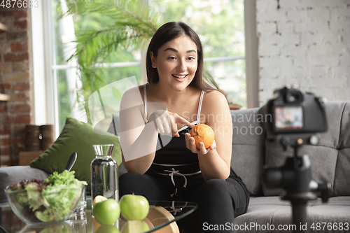 Image of Caucasian blogger woman make vlog how to diet and lost weight. Lifestyle, influencer women, healthy concept.