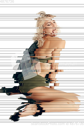 Image of Creative fashion collage with beautiful young woman, contemporary art