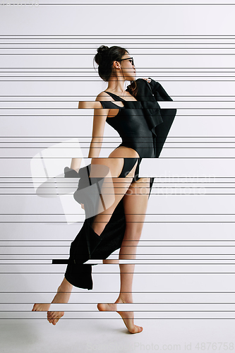 Image of Creative fashion collage with beautiful young woman, contemporary art