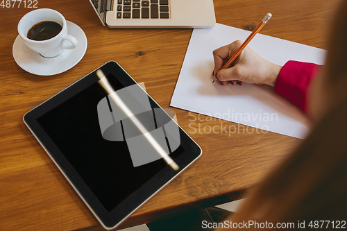 Image of Business young caucasian woman in modern office with team