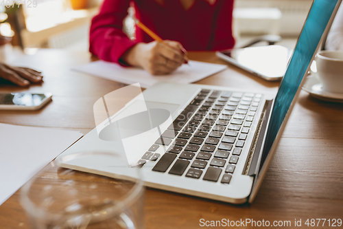 Image of Business young caucasian woman in modern office with team