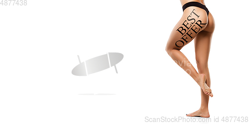 Image of Close up beautiful female body isolated on white background. Beauty, cosmetics, spa, depilation, treatment and fitness concept, sensual posing