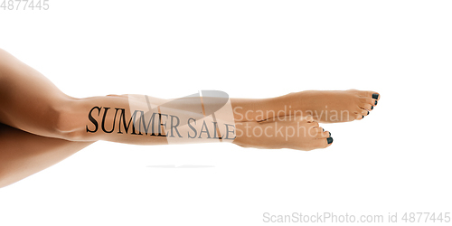 Image of Close up beautiful female body isolated on white background. Beauty, cosmetics, spa, depilation, treatment and fitness concept, sensual posing
