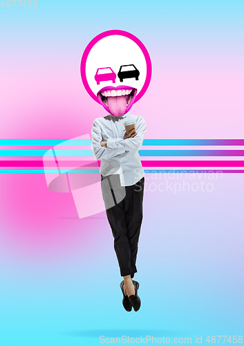 Image of Trendy artwork, modern design with . Contemporary art collage with traffic signs and new senses.