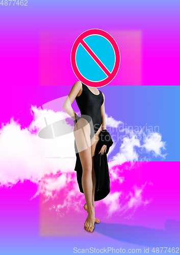 Image of Trendy artwork, modern design with . Contemporary art collage with traffic signs and new senses.