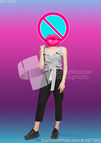 Image of Trendy artwork, modern design with . Contemporary art collage with traffic signs and new senses.