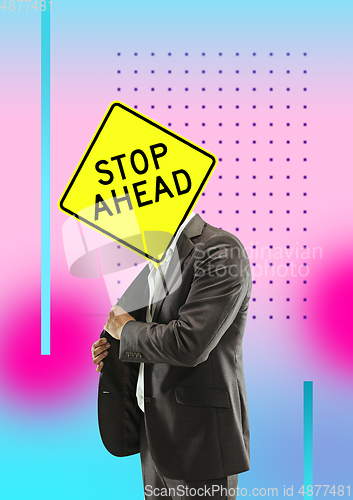 Image of Trendy artwork, modern design with . Contemporary art collage with traffic signs and new senses.