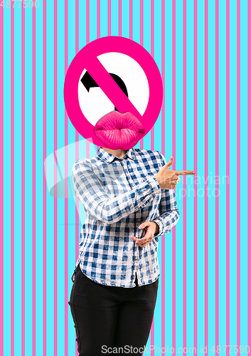 Image of Trendy artwork, modern design with . Contemporary art collage with traffic signs and new senses.