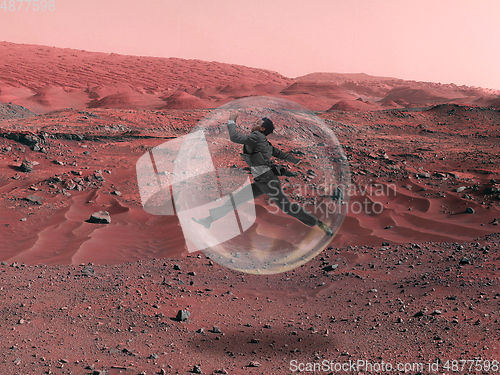 Image of Imagine people live on Mars. Close up landscape of an abandoned planet, beauty of life on Mars.