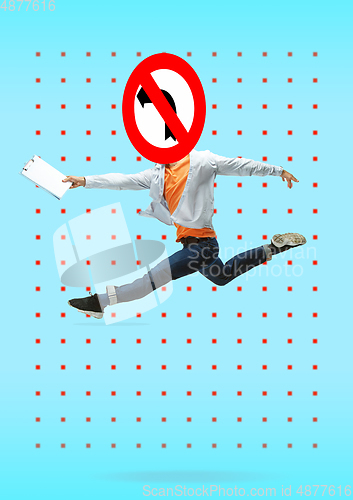 Image of Trendy artwork, modern design with . Contemporary art collage with traffic signs and new senses.