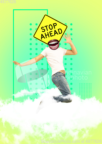 Image of Trendy artwork, modern design with . Contemporary art collage with traffic signs and new senses.