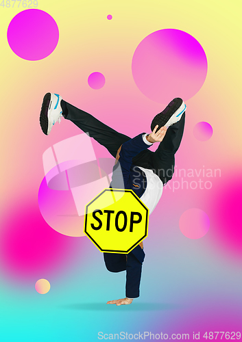 Image of Trendy artwork, modern design with . Contemporary art collage with traffic signs and new senses.
