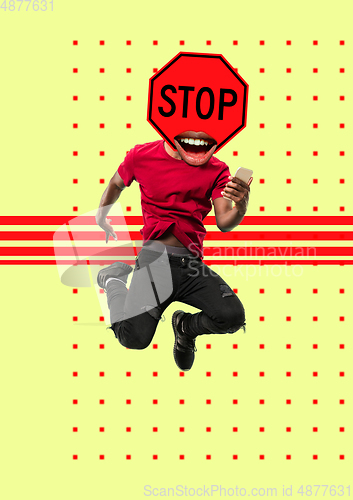 Image of Trendy artwork, modern design with . Contemporary art collage with traffic signs and new senses.